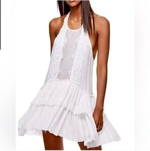 Free People White Gauze Vanessa Dress / Cover Up Ruffle Lace  Crochet XS